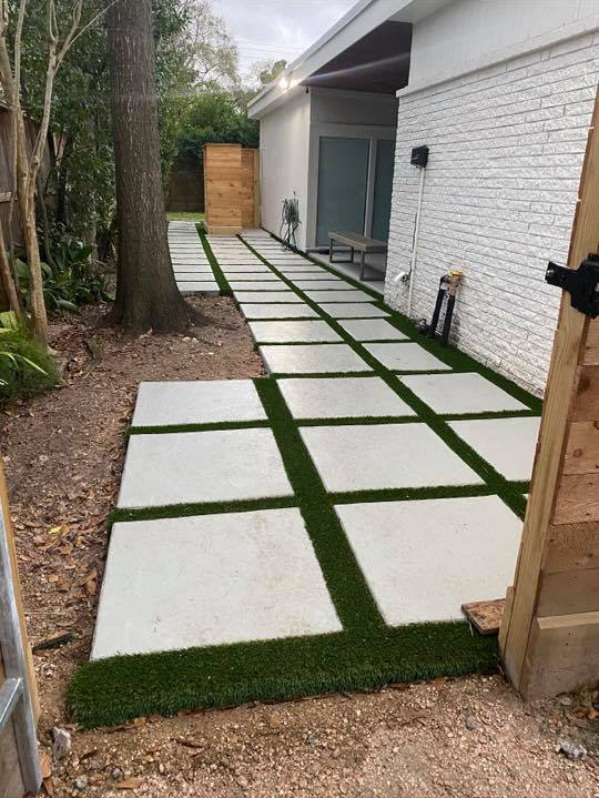concrete steps and artificial turf